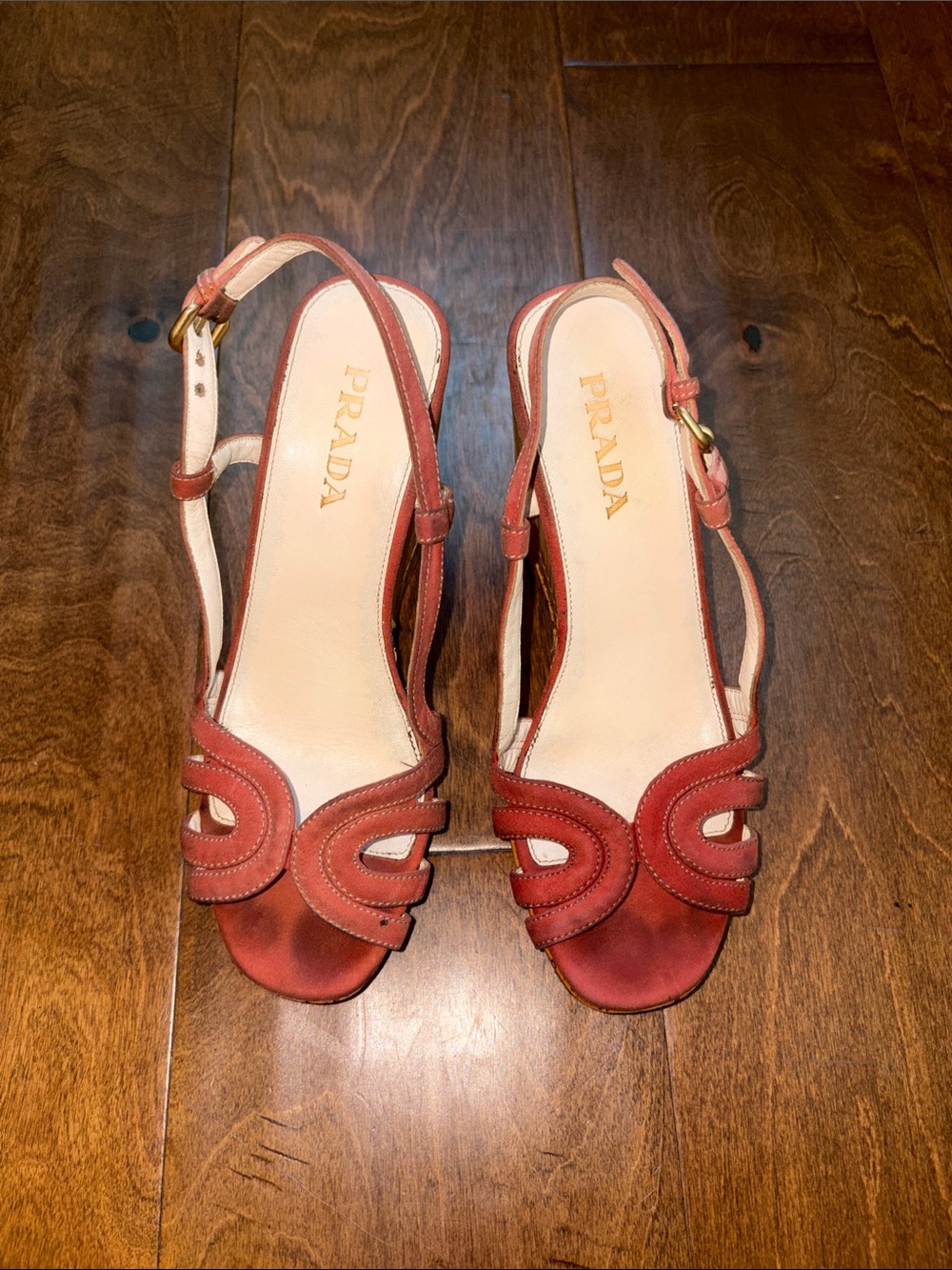 Prada Coral-Peach Leather Slingback Wedge Sandals - Picture 7 of 16